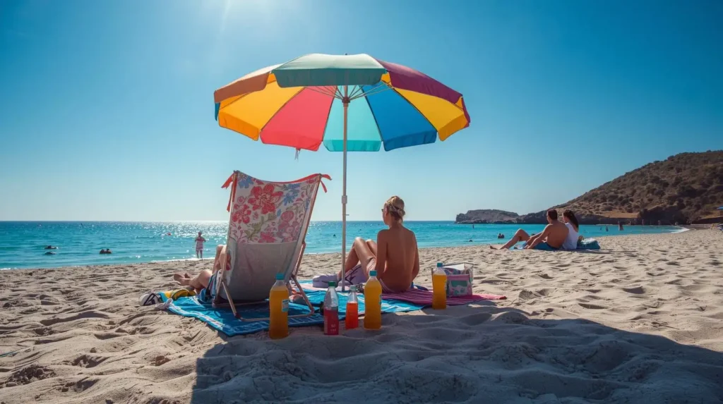 beach setup umbrella towels water bottles playa balandra