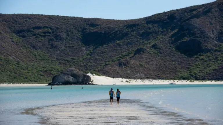 people walking in shallow water at playa balandra mexico