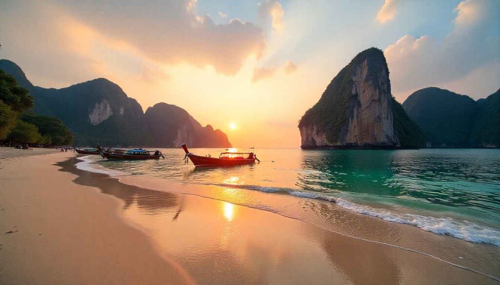 A stunning view of Ao Nang beach with long-tail boats, perfect for your ultimate guide to Ao Nang.