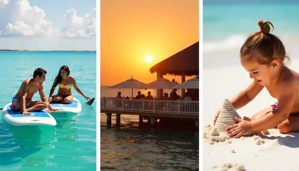 A dynamic collage-style image showing three scenes: a family laughing on paddleboards in the calm water, a couple enjoying a cocktail at the overwater deck of Hemingway's restaurant at sunset, and a child's hand building a sandcastle on the pristine white sand."