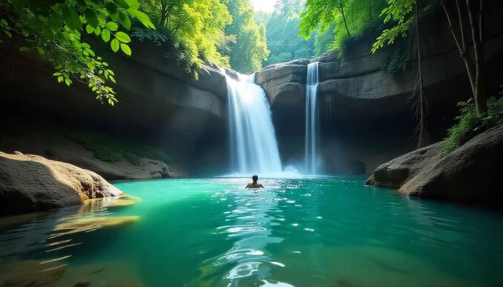A swimmer enjoying the refreshing pool at the base of Klong Chao Waterfall in Koh Kood.