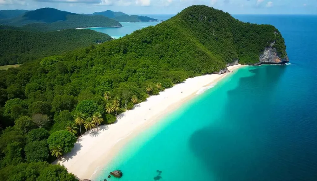 Aerial view of the lush green jungle and white sand beaches of Koh Kood, Thailand.