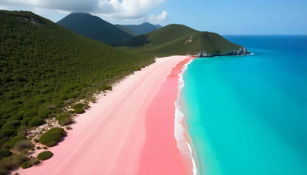 An aerial view of the stunning Pink Beach Indonesia, showcasing its pink sand and clear water