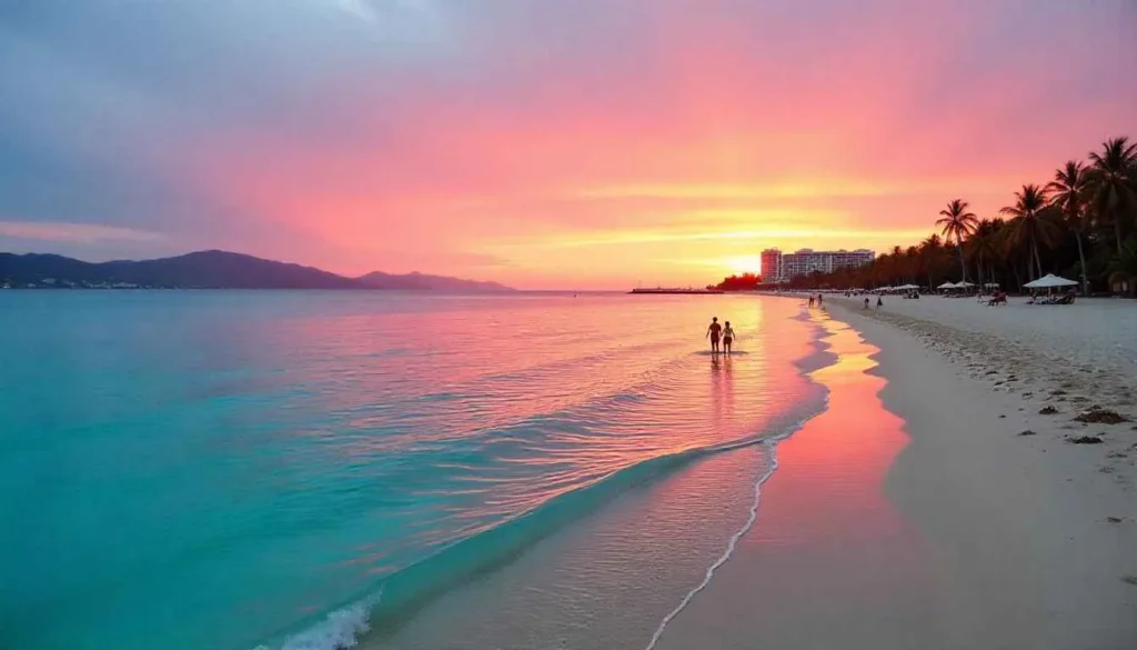 The stunning calm turquoise water and white sand of Playa Norte, Isla Mujeres, at sunset.