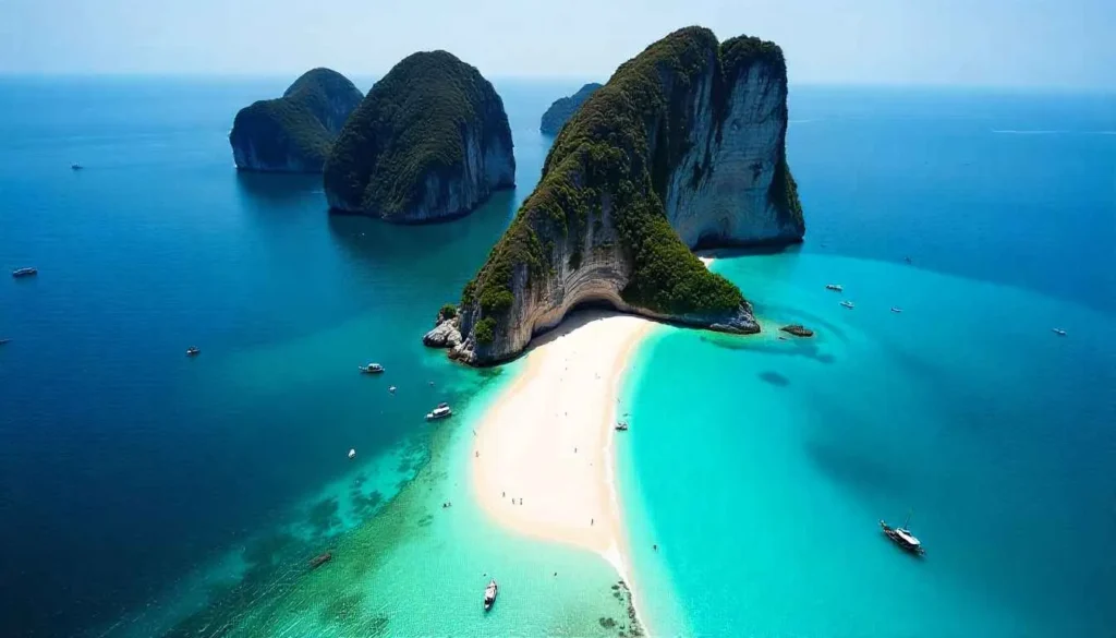Aerial view of West Railay Beach with turquoise water and limestone cliffs