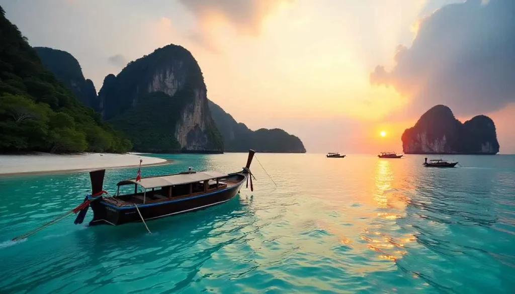 Long-tail boat arriving at Maya Bay from Ko Phi Phi at sunrise