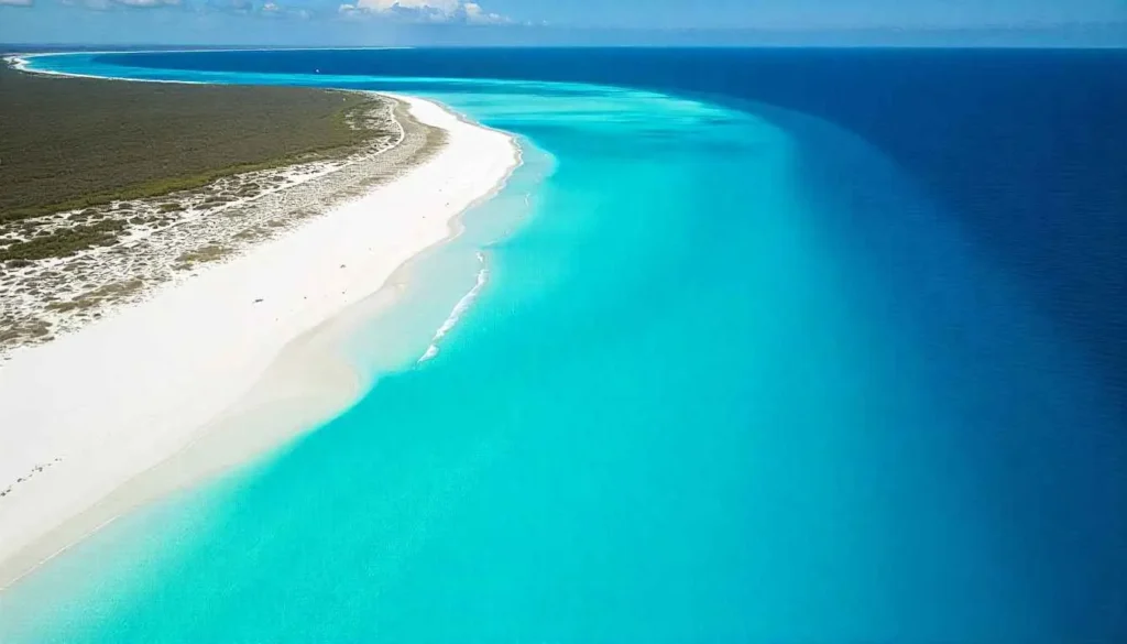 Aerial view of Turquoise Bay, Australia, showing turquoise water and white sand