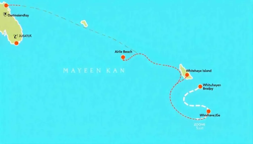 A map showing the route from Airlie Beach to Whitehaven Beach in the Whitsundays.