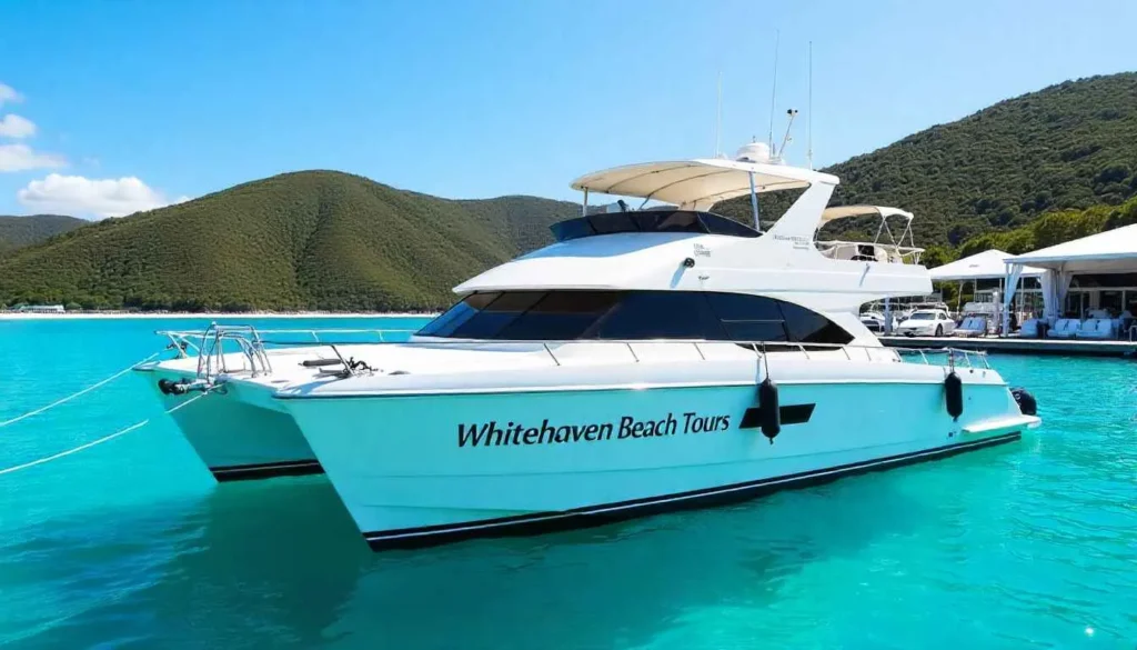 A tour catamaran at the Hamilton Island marina ready for a trip to Whitehaven Beach.