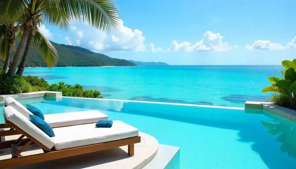 An infinity pool at a luxury Whitsundays resort overlooking the ocean.