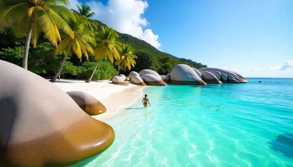 The iconic seychelles beach of Anse Source d'Argent with granite boulders and turquoise water.