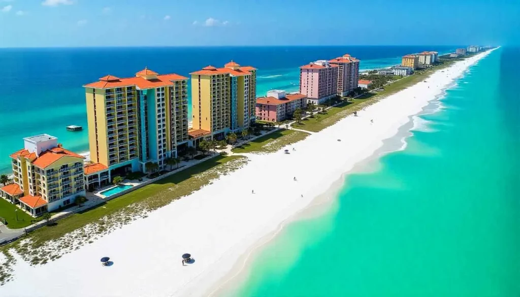 Aerial view of the vibrant Seychelles Resort on Panama City Beach.