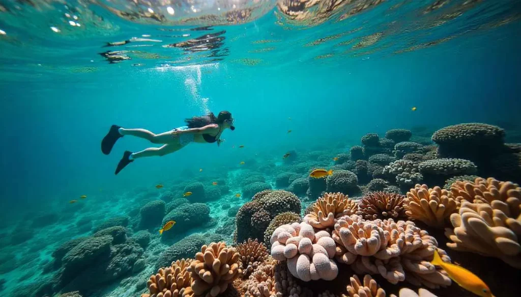 snorkeling Indonesia Snorkeling in the vibrant coral reefs right off the shore at Pink Beach Indonesia.
