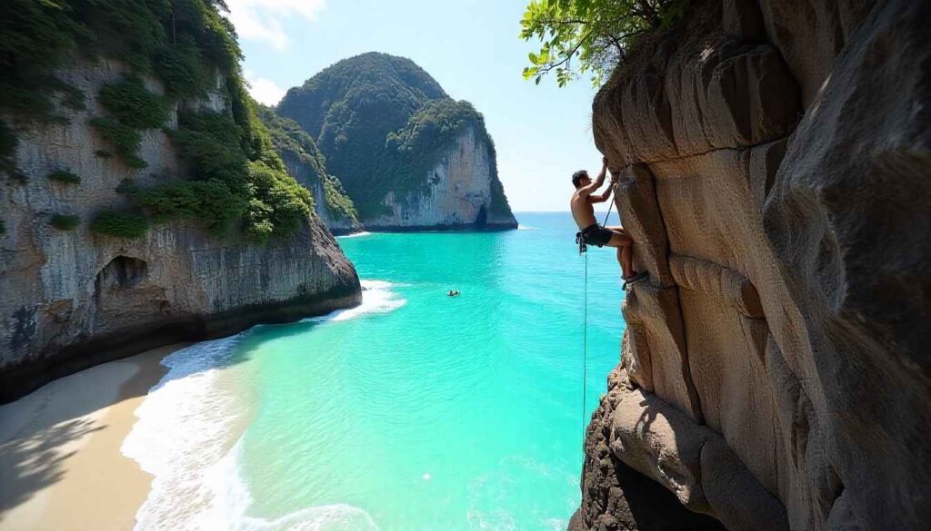 A person rock climbing a limestone cliff on Railay Beach, seen from below with the green-blue Andaman Sea in the background, dynamic action shot.