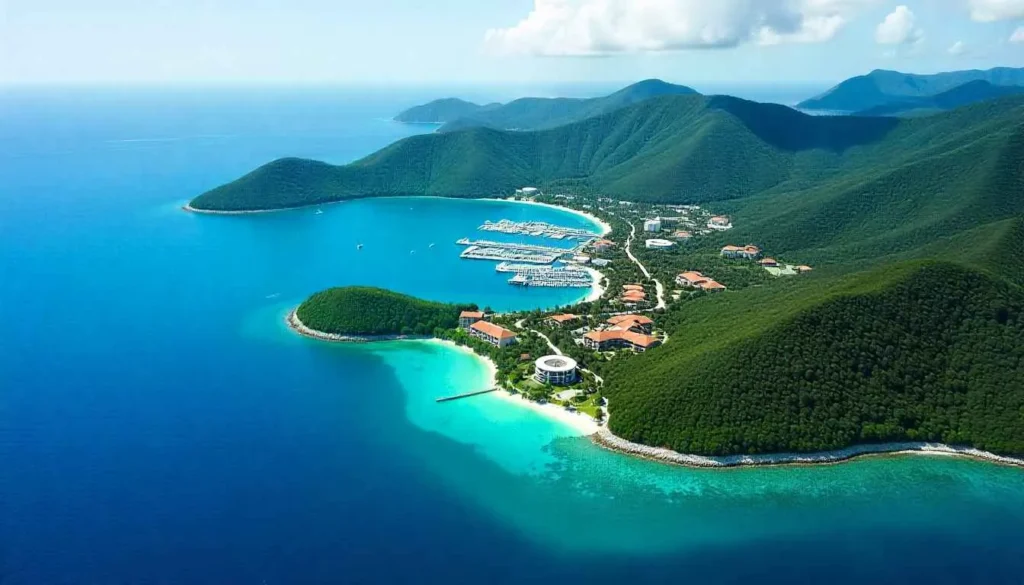 An aerial view of Hamilton Island showing resorts and the marina.