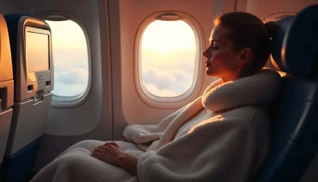 Traveler comfortable on a long-haul flight to Bali.