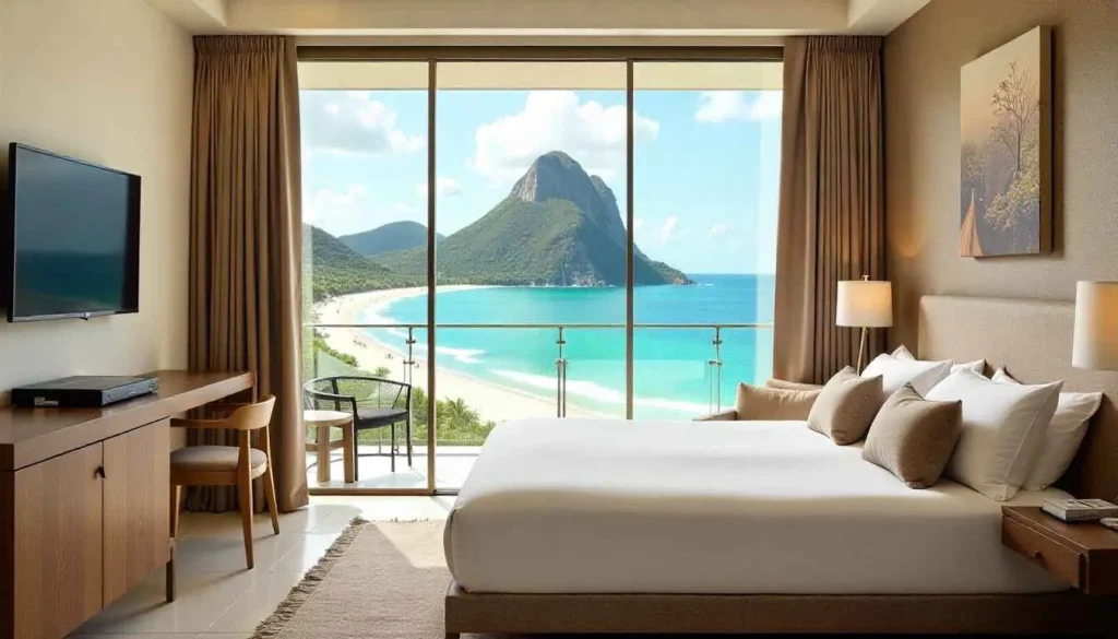 Luxury suite with balcony view at Hotel Fasano Ipanema.