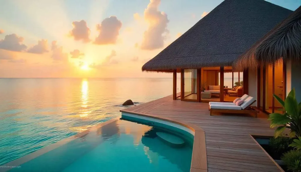 A private overwater bungalow at a secluded Maldivian resort.