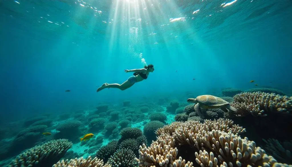 Snorkeler exploring a colorful coral reef with tropical fish in Diani Beach, Kenya.