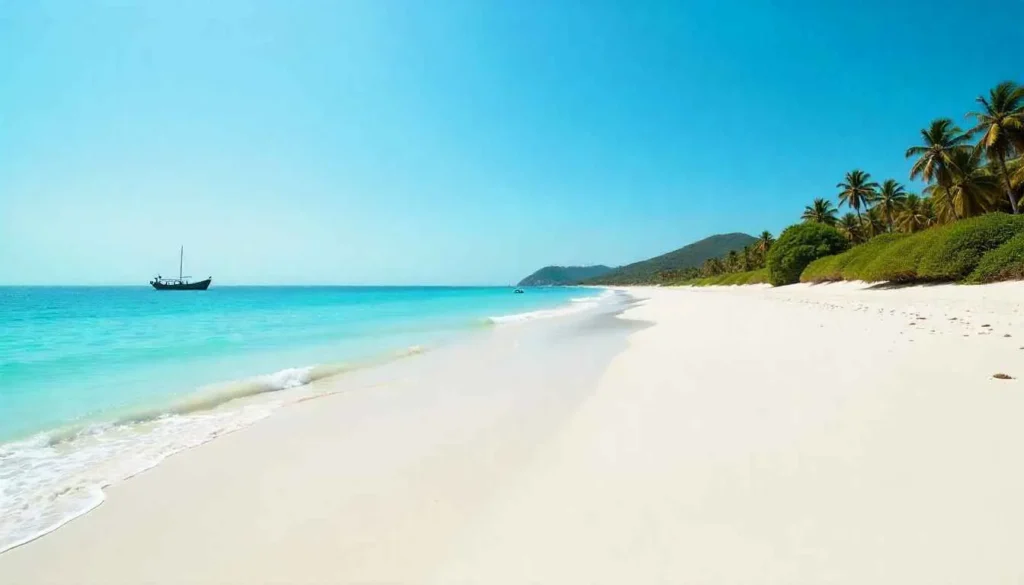 A wide panoramic view of the beautiful white sand and turquoise water at Diani Beach, Kenya.