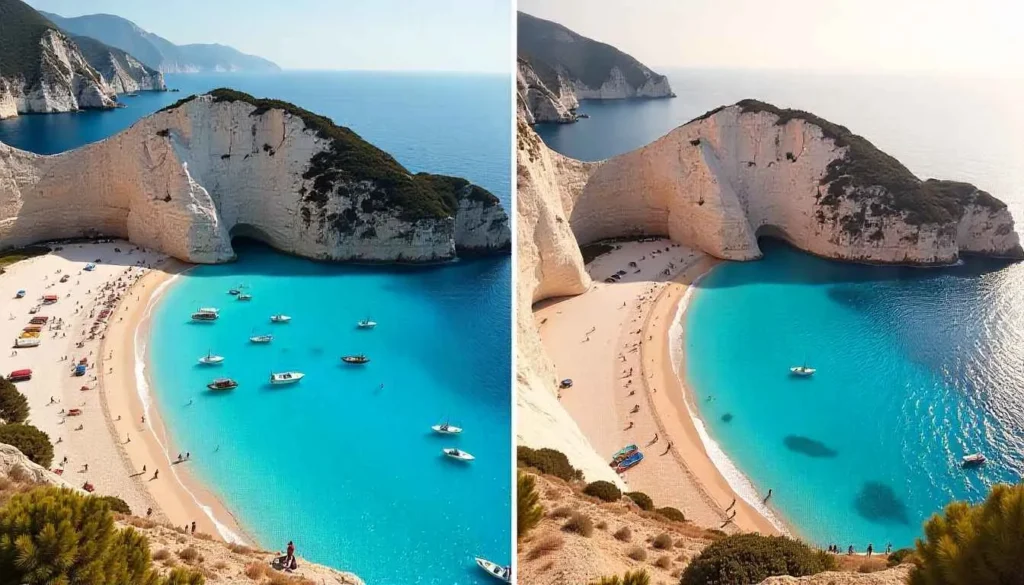Comparison of a crowded and empty Navagio Beach.