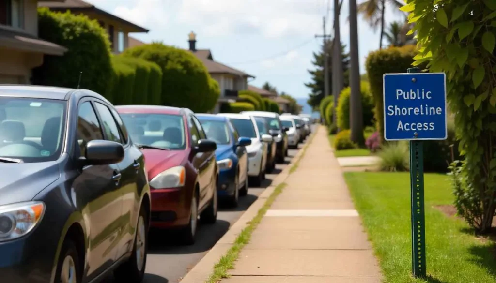 Street parking and a public access sign in the Lanikai neighborhood.