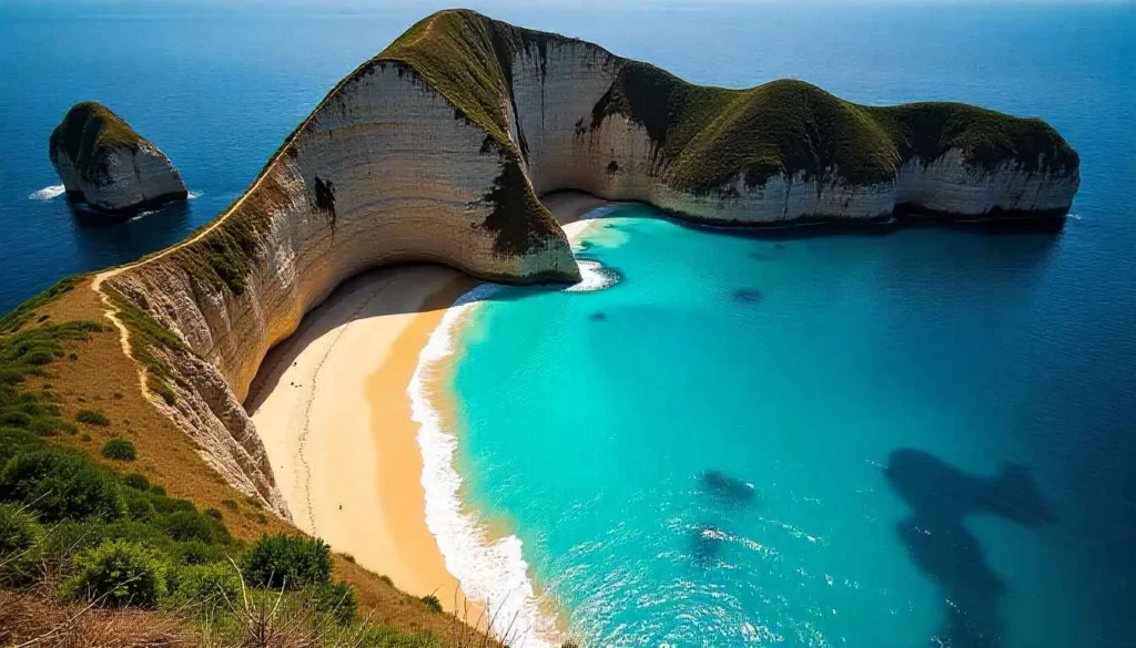 Aerial view of the Hidden Beach inside a crater in the Marieta Islands.
