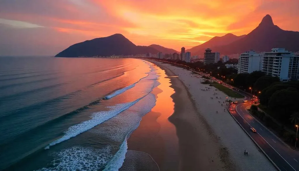 Aerial view of Copacabana Beach's curve and Sugarloaf Mountain at sunset.