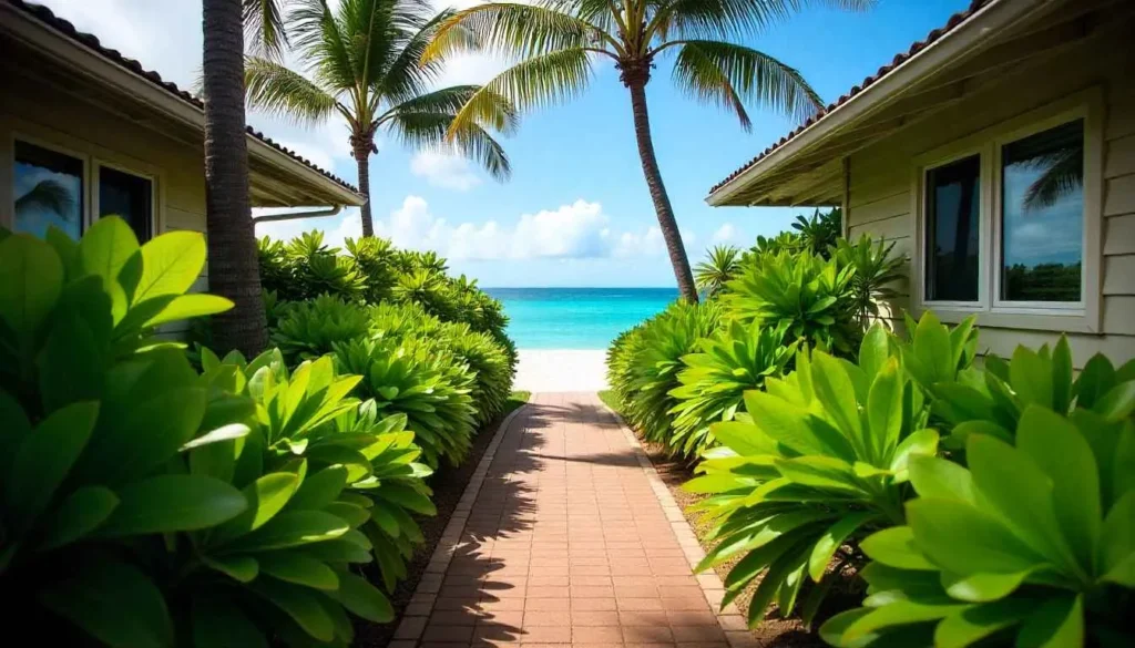 A narrow public access path leading to Lanikai Beach between houses.