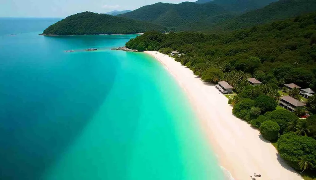 Aerial view of a secluded beach resort on Koh Kood island.