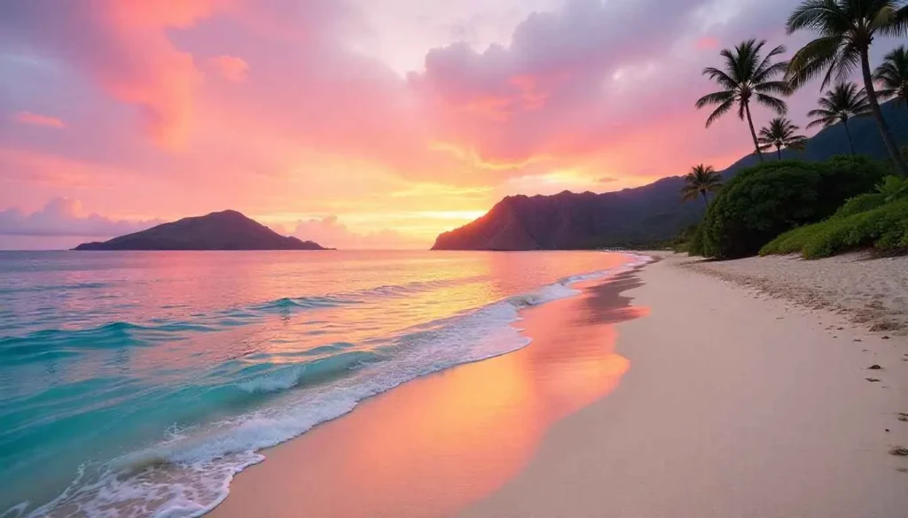 The stunning view of Lanikai Beach at sunrise with the Mokulua Islands.