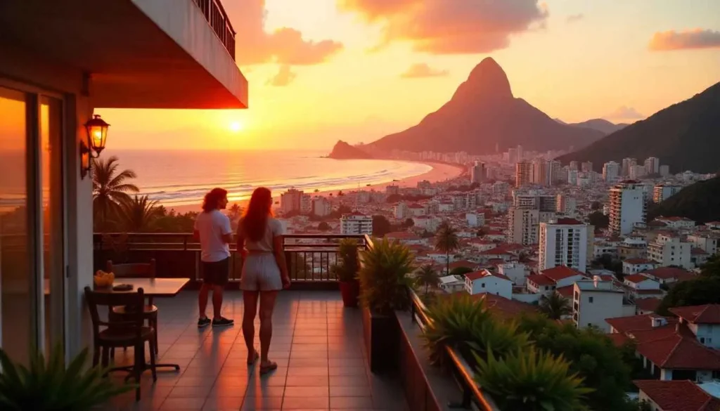 Rooftop terrace view from an Ipanema hostel at sunset.