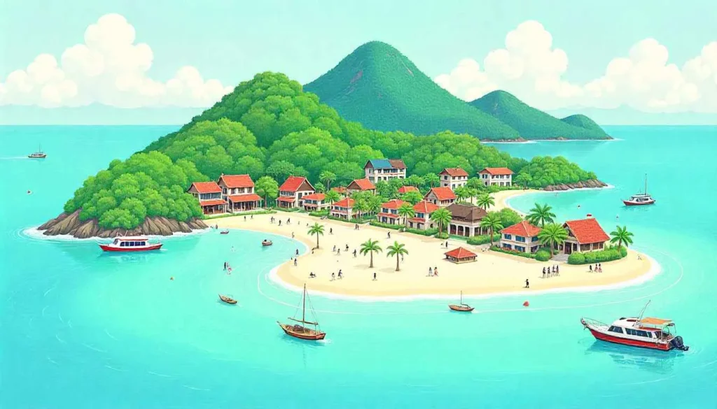 Illustrated map of Ko Phi Phi Don showing key beach resort areas.