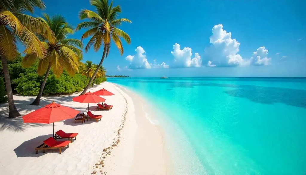 Panoramic view of the calm turquoise water and white sand at Playa Norte, Isla Mujeres.