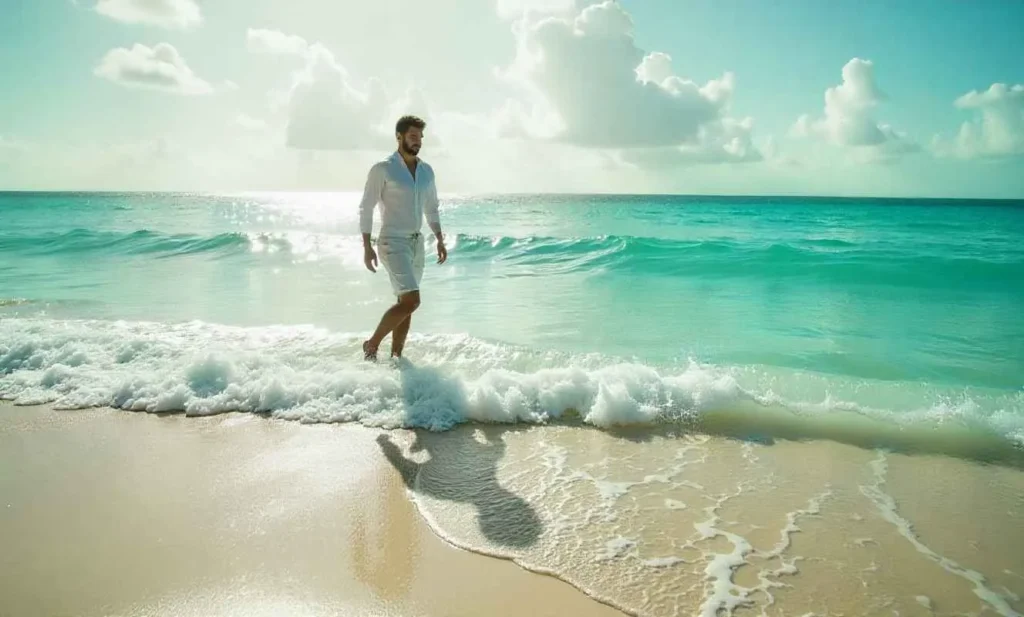 Person wading in the shallow, calm water at Playa Norte Isla Mujeres.