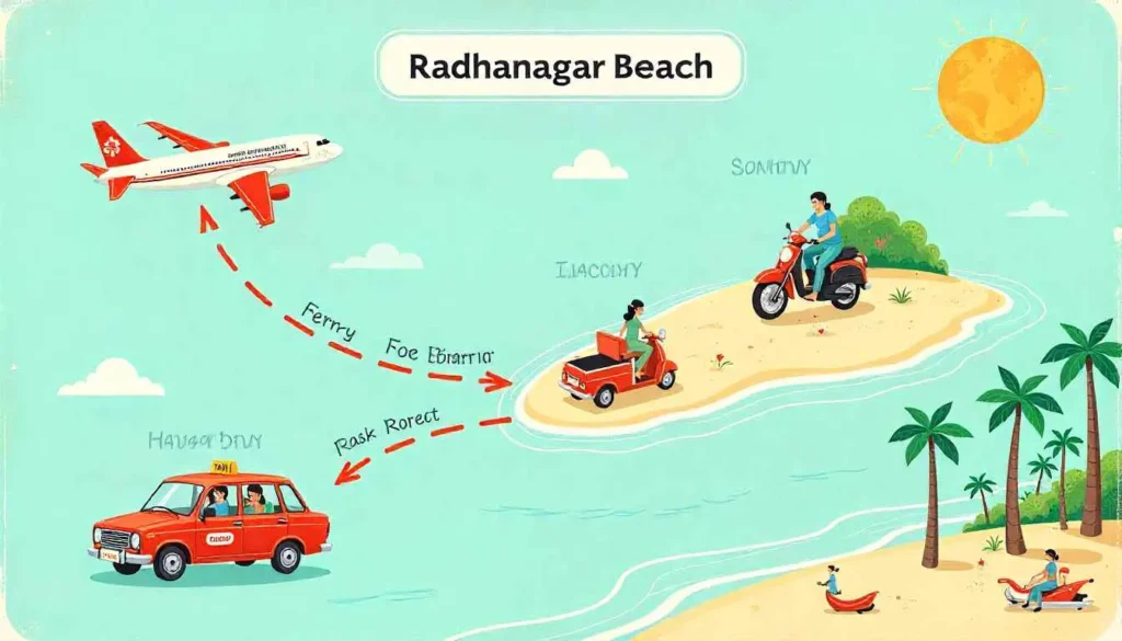 Infographic map showing how to reach Radhanagar Beach.