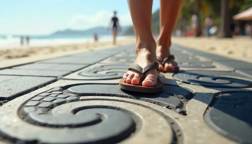 Classic wave-patterned sidewalk at Copacabana Beach.
