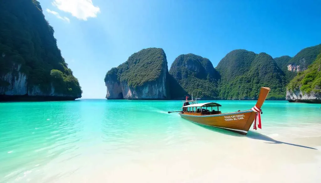 A long-tail boat arriving at a beach resort in Ko Phi Phi.