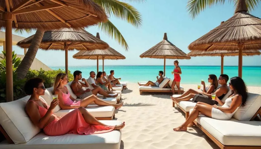 The vibrant and social beach club at Coco Tulum, a popular boutique hotel on Tulum Beach.