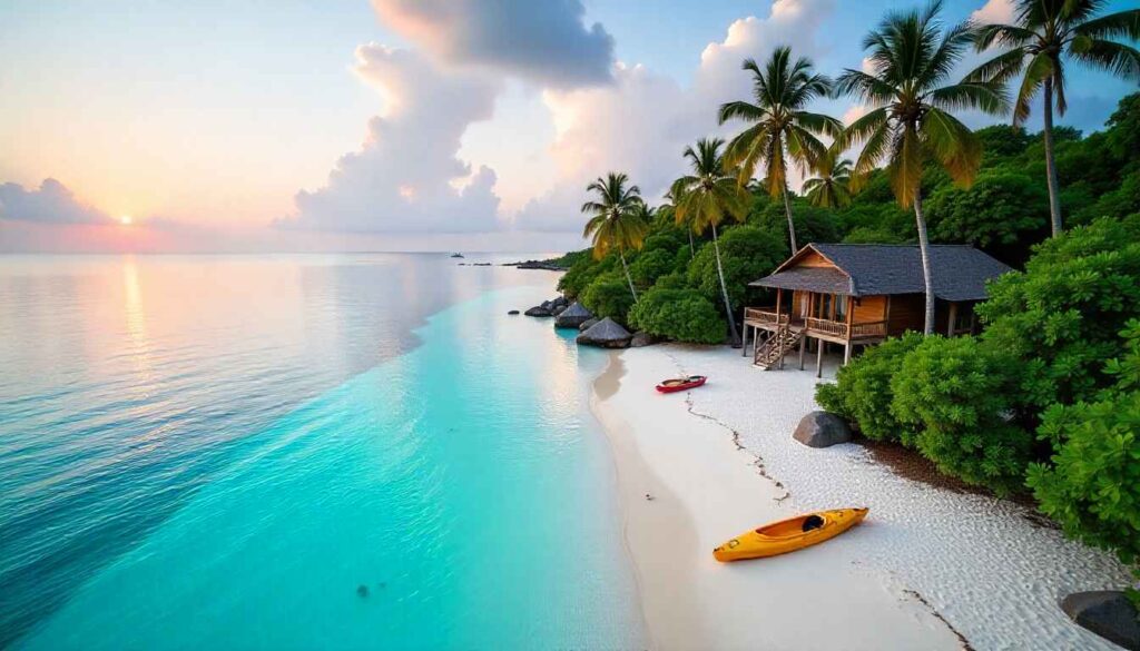 Aerial view of Turquoise Bay Dive & Beach Resort's white sand beach and turquoise water.