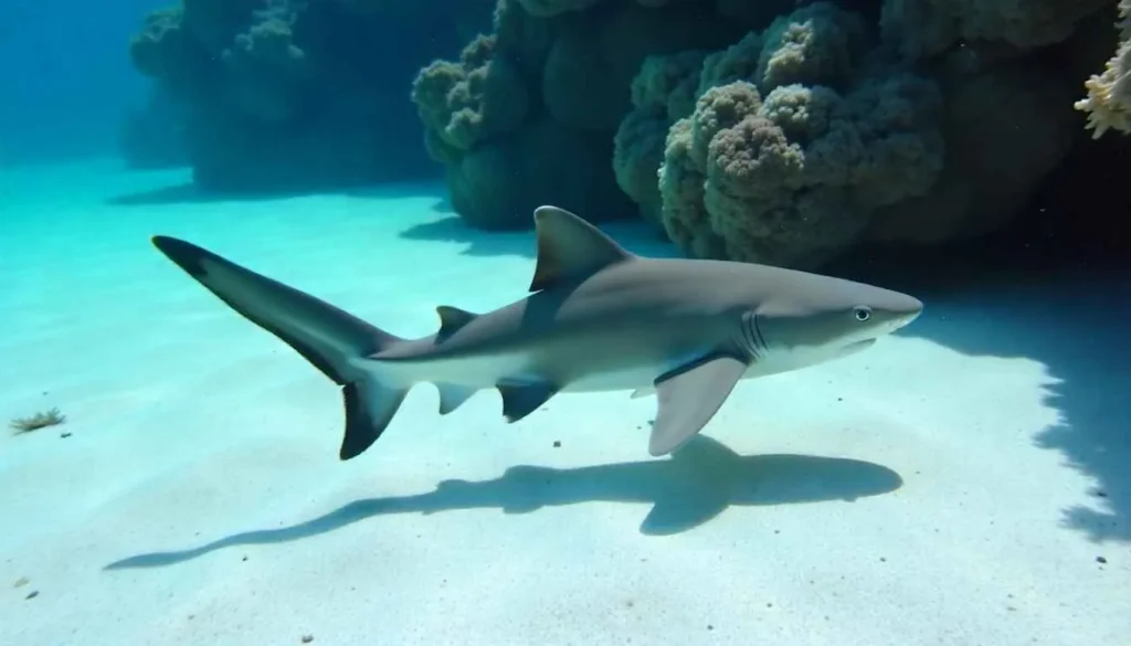 A small, harmless blacktip reef shark in clear water.