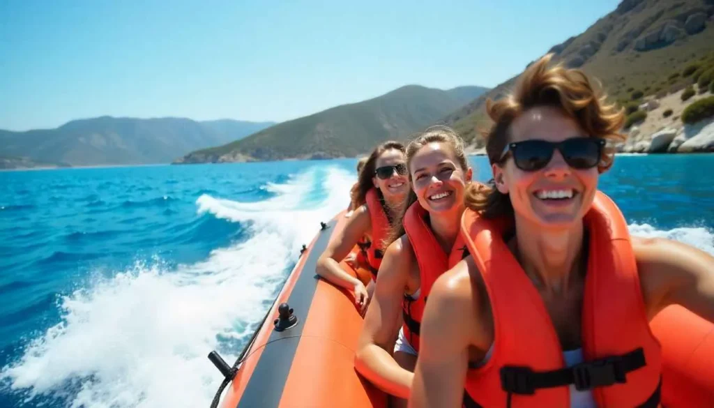 A group enjoying a speedboat tour to Navagio Beach.