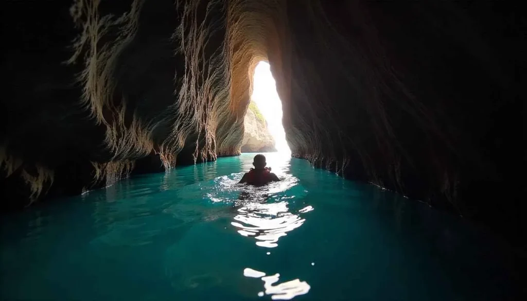 Swimming through the water tunnel to enter the Hidden Beach.