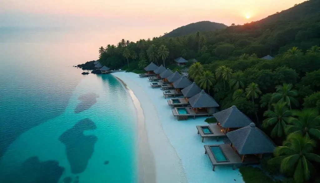  Aerial view of a secluded luxury hidden beach resort in a private cove.