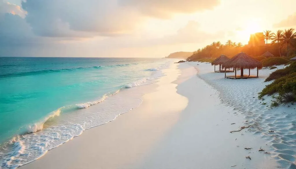 A stunning sunrise view over the white sand and turquoise water of Tulum Beach, Mexico, with the Mayan ruins in the distance