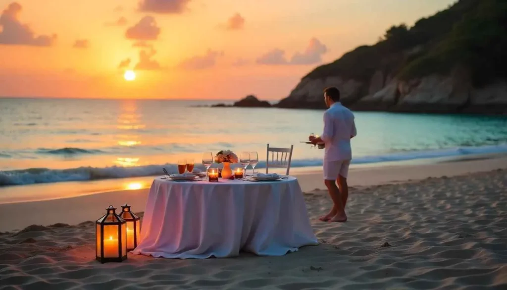 Private romantic beach dinner at a secluded resort.
