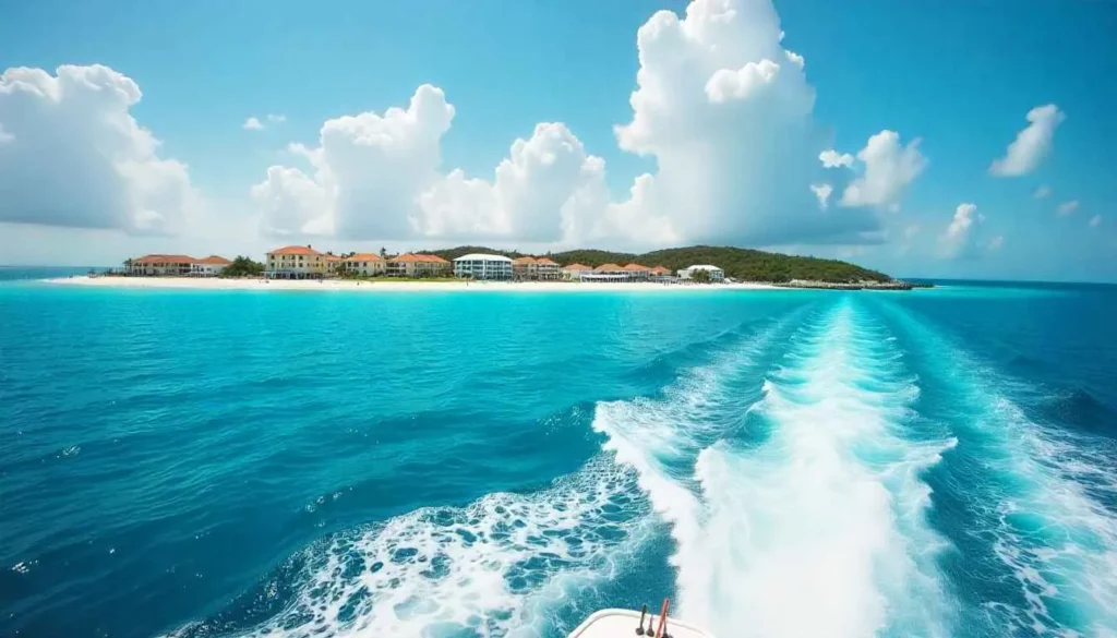 View from a ferry approaching the island of Isla Mujeres, Mexico.