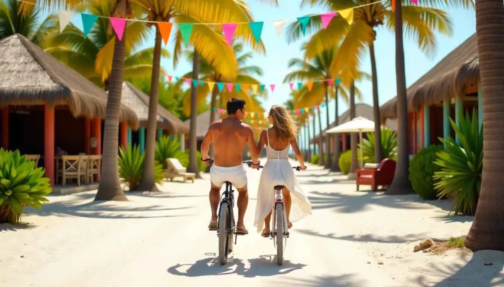 Cycling along the bohemian beach road in the Hotel Zone of Tulum Beach, Mexico.