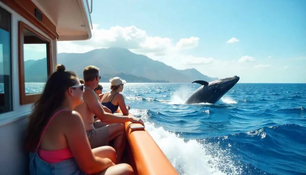 Whale watching boat tour near the Marieta Islands in Mexico.