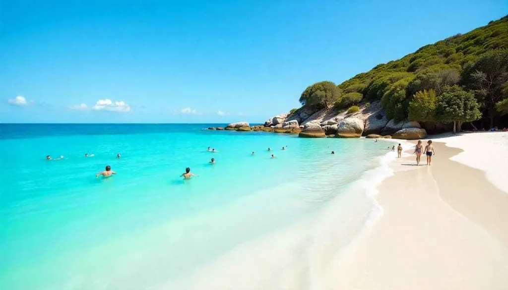 People swimming safely in the calm, shallow water at Whitehaven Beach.